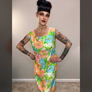 60s Multi Color Sheath Dress Bodycon Mod MCM Floral Resort Pinup Rockabilly M L